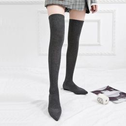 Boots Slim Leg Thigh High Sock Boots Bling Glitter Bottes Women Brand Pointed Toe Silver Stretch Bota Flat Heels Botines Knitted Shoes