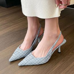 Sandals Women's Slingbacks 2023 Summer Shoes Pointed Toe Sandals Costume Tweed High Heels Dress Shoe Plaid Slip on Sandalias mujer 1185N