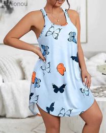 Women's Sleepwear 2023 Summer New Casual Womens Nightwear Fashion Sexy Comfortable Round Neck Plus Size Butterfly Print Sleeveless Sleep DressC24319