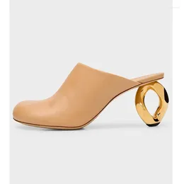 Dress Shoes Round Toe Hollow Special-Shaped Gold-Plated Large Heels Soft Leather Simple Mules Customized Size Comfortable Slippers