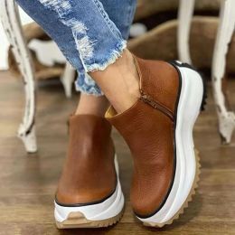 Boots 2022 Women Leather Boots Round Toe Side Zipper White Bottom Ladies Platform Shoes Solid Colour Daily Walking Female Ankle Booties