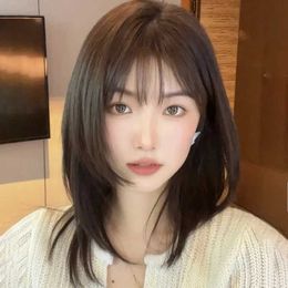 Synthetic Wigs Lace Wigs Brown Straight Wigs With Bangs For Women Shoulder Length Bob Natural Fluffy Synthetic Hair Wig Daily Cosplay Use Heat Resistant 240329