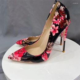 Dress Shoes 2024 Flower Print Women Glossy Patent Floral Stiletto Pumps Pointy High Heel Chic Size 34-45