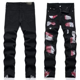 Black Mens Patch Jeans Ripper Denim Long Pants Skinny fit Slim Men's stretch Biker Stacked Jean Patchwork Distressed Designer Trouser Top Quality size 29-38