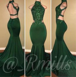 Emerald Green Mermaid Prom Dresses High Neck Lace Appliqued Backless Evening Party Gowns Nigerian African Evening Wear6841604