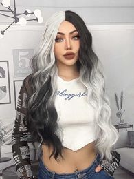 Synthetic Wigs Cosplay Wigs Long Wavy Ombre Black White Synthetic Wigs for Women Heat Resistant Natural Middle Part Cosplay Party Lolita Daily Hair Wigs 240329