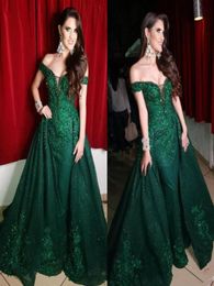 2020 Dark Green Evening Dresses With Detachable Train Off Shoulder Lace Appliqued Sequins Prom Dress Party Wear Custom Made Red Ca4628049