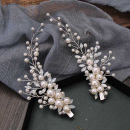 Tiaras Bridal Crystal Pearl Headhand Flower Hair Clip Floral Style Barrette Bride Hair Jewelry Bridesmaid Wedding Hairbands Accessories Y240320