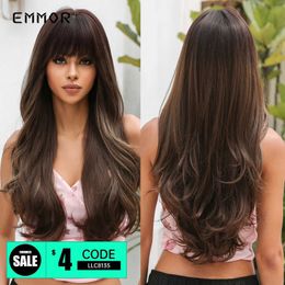 Synthetic Wigs Emmor Brown Mixed Blonde Synthetic Wigs with Bang Long Natural Wavy Wig for Women Daily Use Cosplay Heat Resistant Fake Hair 240329