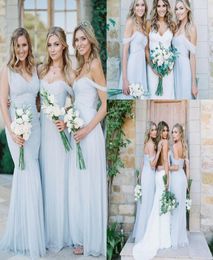 Beach Bridesmaid Dresses 2017 Ice Blue Chiffon Ruched Off The Shoulder Summer Wedding Party Gowns Long Cheap Simple Dress For Girl4755985