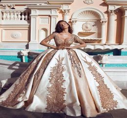 Luxury Dubai Wedding Dresses Gold Sequins Beaded Sheer Neck Bridal Gowns Champagne Satin Ball Gown Wedding Vestidos Custom Made1368868