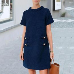 Casual Dresses Elegant Mini Dress Vintage A-line With Button Decor Back Zipper Closure Women's Short Sleeve Solid Colour For