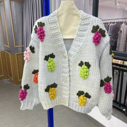 Handmade crochet knit cardigan with three-dimensional grape design, lazy style loose sweater