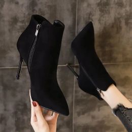 Boots Very High Heels Booties Heeled Short Shoes for Woman Footwear Pointed Toe Sexy Suede Black Women's Ankle Boots New Rock Hot Boot
