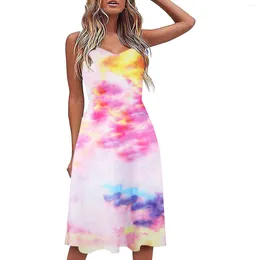 Casual Dresses Tie Dye Print Straight Spaghetti Strap Dress Beach Women Summer 2024 Holiday Sundress Sexy V-Neck Mujer Vestidos