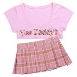 Womens Japanese Lingerie Parties Sexy School Girls Costumes Clubwear Yes Daddy? Letter Crop Tops with Mini Plaid Pleated Skirt 240311