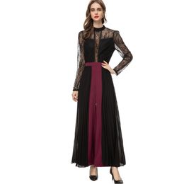 Women's Runway Jumpsuits& Rompers Stand Collar Lace Long Sleeves Pleated Ruffles Patchwork Elegant Maxi wide Pants