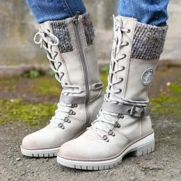 Boots Fashion Brand Winter Mid Calf Boots Women Round Toe Square High Heel Snow Boots Lace Up String Warm Shoes 2021 New