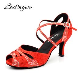 shoes Ladingwu Red Dance Shoes Women Latin Soft Bottom Ballroom Dance Shoes Red Rhinestone Salsa Dance Shoes Heel 6/7.5/8.5/9/10cm