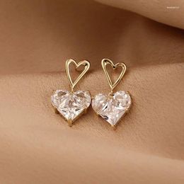 Stud Earrings Simple Heart Crystal Fashion Sweet Girl Inlay Zircon Gold Colour Charm Elegant Cocktail Party Jewellery