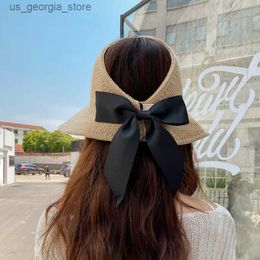 Wide Brim Hats Bucket Hats Summer Empty Top Ribbon Bow Str Hat Womens Soft Cushion Panama Sun Hat Travel Beach Womens Folding Sun Hat Y240319