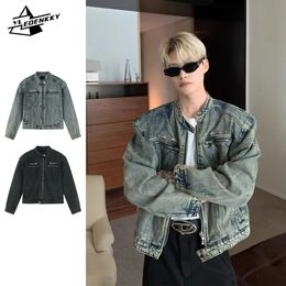 Mens Denim Jackets Americanstyle High Street Zippers Coat Vintage Washed Distressed Cowboy Jacket Spring Casual Streetwear 240307