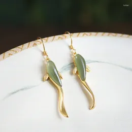 Dangle Earrings Fashion Simple Fish Shape Green Jade For Women Wedding Holiday Gift Vintage Gold Color Ear Hook Jewelry Accessories