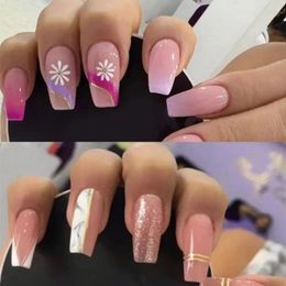 False Nails 24pcs Press On DIY Full Cover Wavy Flower French Long Ballerina Coffin Fake