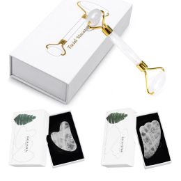 Roller Natural Rock Quartz Jade Roller Gua Sha Set Facial Massager Reduce Wrinkles Anti Aging Face Eyes Neck Body Skin Care Tools