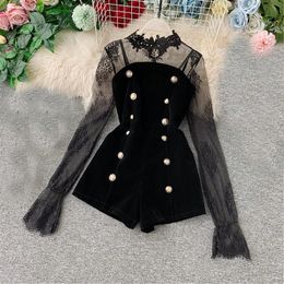 Two Set Autumn Long Sleeve Lace Embroidery Shirt Women Double Breasted Playsuits Slim Velvet Jumpsuits Female Bodysuit Suit 2056 240306