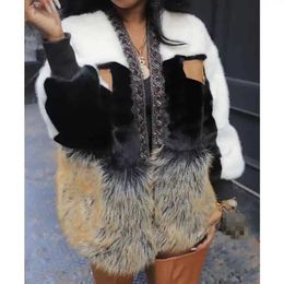 Zhezhe Luxury Quality Winter Warm Womens Faux Fur Patchwork Velvet Jacket Vintage Unique Long Sleeve Deep-v Neck Coats