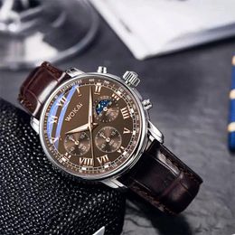 Wristwatches Low Price WOKAI Watch Men Brown Watches Fashion Business Leather Band Quartz Relogio Masculino 2024