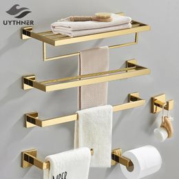 Bathroom Hardware Gold Bathrobe Hook Towel Rail Bar Rack Bar Shelf Tissue Paper Holder Bathroom Accessories 240312