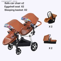 Strollers# Free Shipping Twin Baby Stroller 3in1 Luxury High Landscape Pram Folding Carriage PU Leather Pram L240319