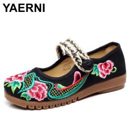 Flats YAERNI Exotic Chinese Retro Flower Embroidered Canvas Fabric Shoes Strap Oxford Mary Janes Women's Shoes Casual Platform