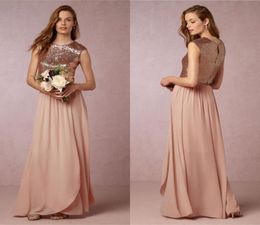 Bhldn Two Pieces Sequins Country Bridesmaid Dresses Cheap Jewel Neck Cap Sleeve Sweep Train Plus Size Long Bridesmaid Dress5647951