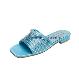 Designer Slides Scuffs Women Embroidered Fabric Crystal Slippers Metallic Slide Sandals Luxury Letter brief Sandal Triangle Chunky Heels Fashion 3.7 06