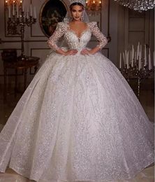 Luxurious Wedding Dress 2024 Deep V-Neck Long Sleeves Lace Sequins Floor Length Formal Bride Gown Custom Made Vestidos De Novias