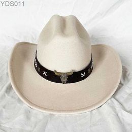 Wide Brim Hats Bucket Mens Gentleman Western Cowboy Hat With Cow Head Decorate Women Jazz Caps Cowgirl Church Sombrero Hombre 240319