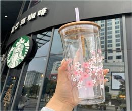 Newest s Cherry blossom transparent wood cover glass straw cup 591ML sakura out door Accompanying cup9006481