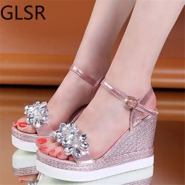 Sandals Female Fashion Flower Open Toe Sandals Dress Silver Sandals Women Rhinestone Wedges Platform Party Shoes Woman Platform Shoes