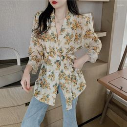 Women's Blouses Spring Autumn Floral Printing Lace Up Waist Coat Ladies Long Sleeve Vintage Jacket Women Casual Fashion Buttons Blouse