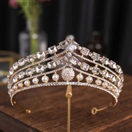 Tiaras Vintage Glod Rhinestone Bridal Tiara Fashion Golden Diadem for Women Gifts Wedding Dress Hair Jewellery Princess Crown accessories Y240319