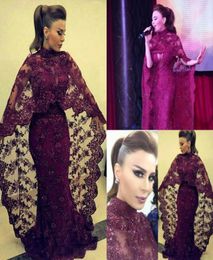 Burgundy Lace Muslim Evening Dresses With Cape Beading Pearls African Dubai Long Formal Dress Sweep Train Arabic African Evening P4005634