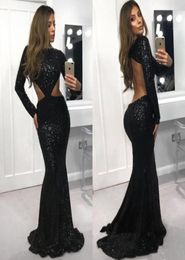 Bling Black Sequined Mermaid Prom Dresses Long Sleeves Sexy Open Back Evening Party Gowns8987013