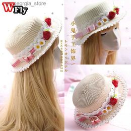 Wide Brim Hats Bucket Hats Harajuku Womens Summer Str Hat Beach Sun Hat Sweet Lolita Princess Lace Strberry Decoration Str Hat Handmade Y240319