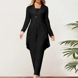 Women's Two Piece Pants 2 Pcs/Set Women Coat Jumpsuit Suit Irregular Hem Long Sleeve Lapel Jacket Sleeveless Wide Leg Straight Loose Formal