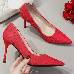 Dress Shoes Small Size Women Red Wedding Lace Bridesmaid Stiletto High Heels Female Pointed Toe Evening Party Bridal Pumps B0000