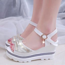 Sandals Women Elegant Wedges Platform Buckle Strap High Heels Dressy Party Roman Crystal Decro Peep Toe