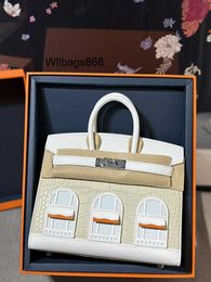 Genuine Leather Handbag BK L Little House Bag First Snow Glacier White American Crocodile 20cm Handsewn Square Mini Deposit